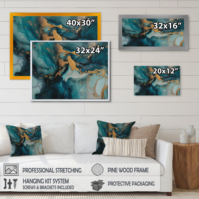 " Gold Blue Transcendent Liquid Ink I ", Black Picture Framed, 12" H x 20" W x 1" D
