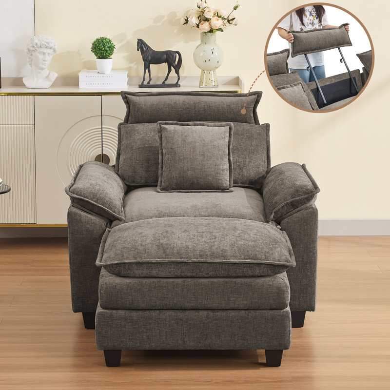 Kingsbridge 46" W Cloud Oversized Chenille Armchair with Ottoman, Brown