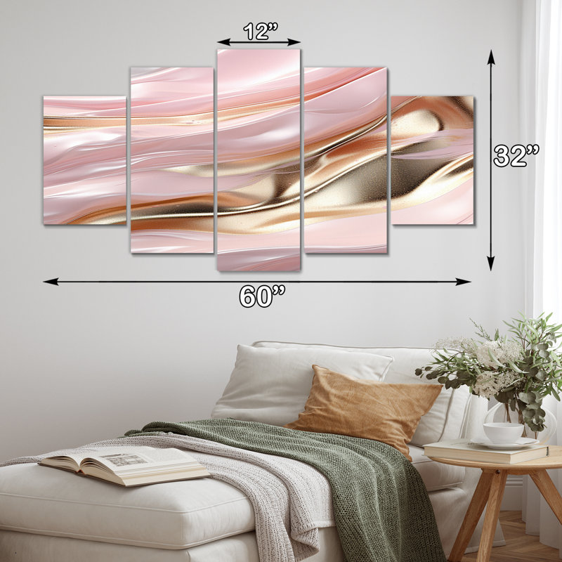 Art liquide dans le mouvement en or rose II - formes abstraites, art mural, salon - 5 panneaux