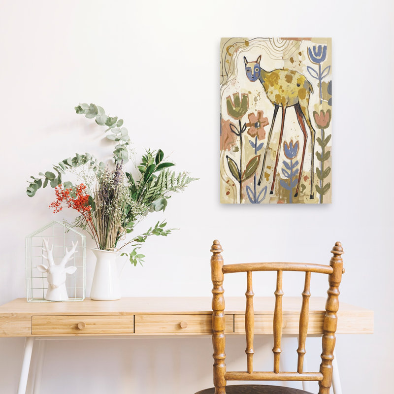 «Whimsical Deer Garden Abstract», art mural de fleur de cerf fantaisiste, 24" H x 16" W