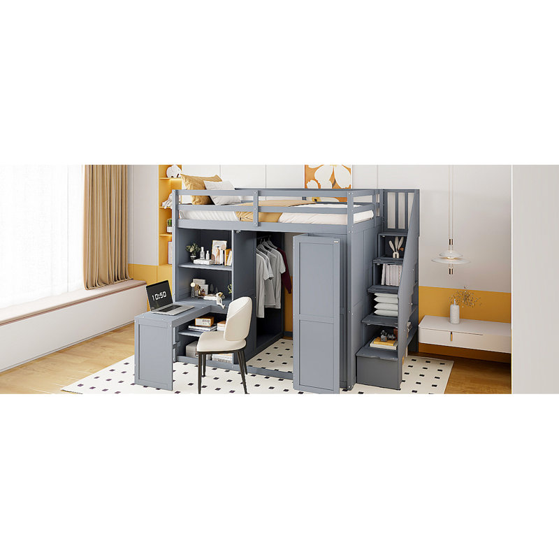 Lit mezzanine double gris avec bureau intégré et support de garde-robe élégant, trois tablettes pliables pour désencombrer la chambre à coucher, tablettes décoratives complémentaires à tout décor, espace de travail intégré pour la détente