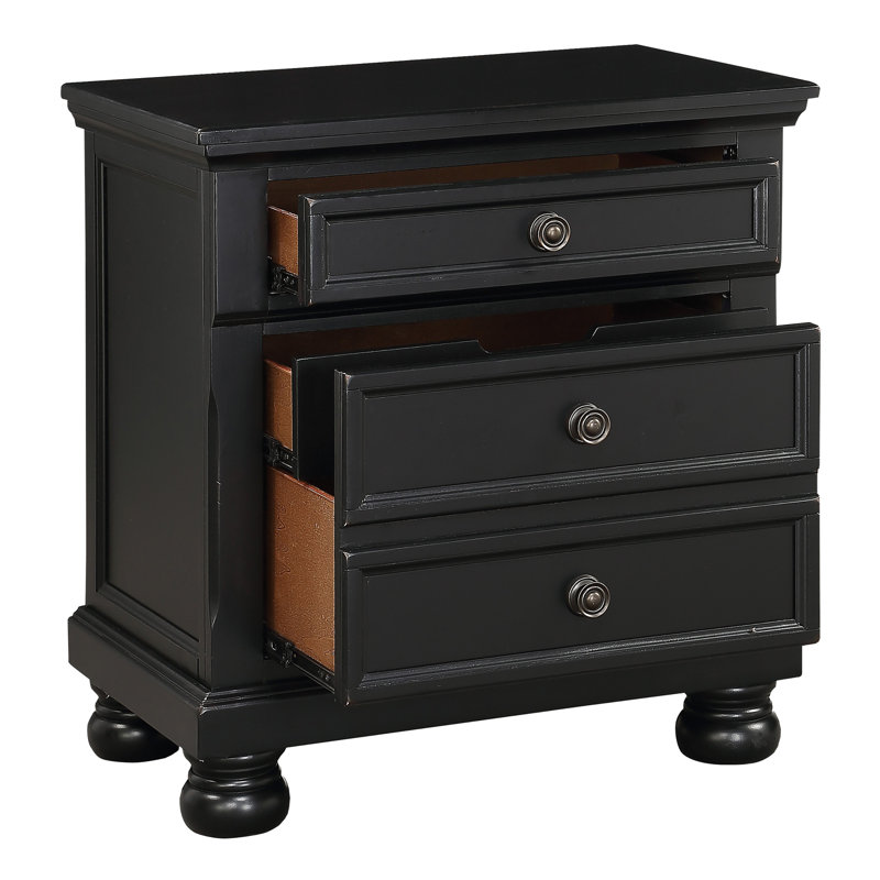 Table de chevet de style chambre à coucher à finition noire avec pieds cachés et tiroirs cachés