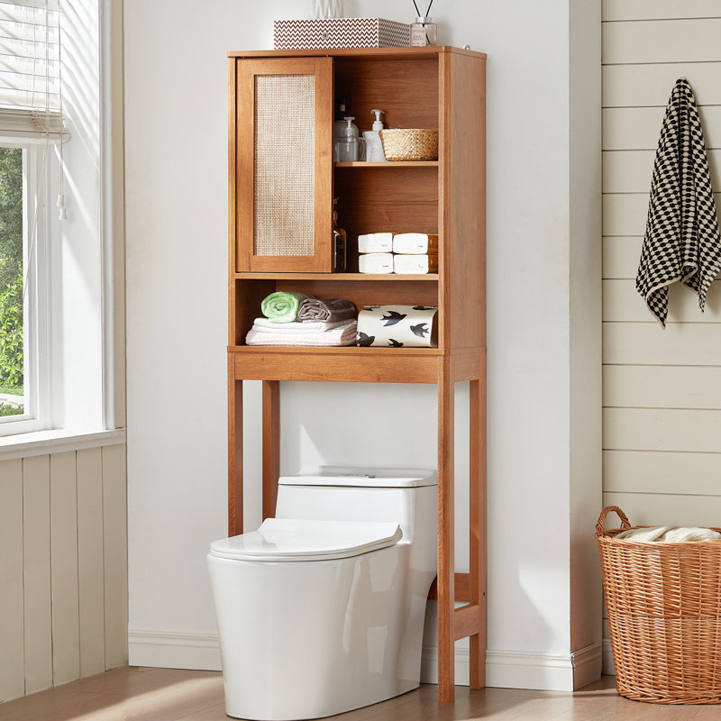 Over The Toilet Storage Cabinet With Rattan Sliding Door, 68" Tall Wood Above Toilet Bathroom Organizer W/Adjustable Shelf & Curved Profile, Space Saver Freestanding Washer Shelf