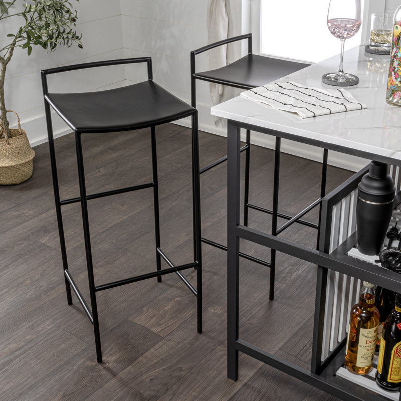 Svelte Minimalist 29.5" Seat Height Black Metal Armless Low Back Bar Stool with Integrated Footrest for Kitchen Islands and Home Bars