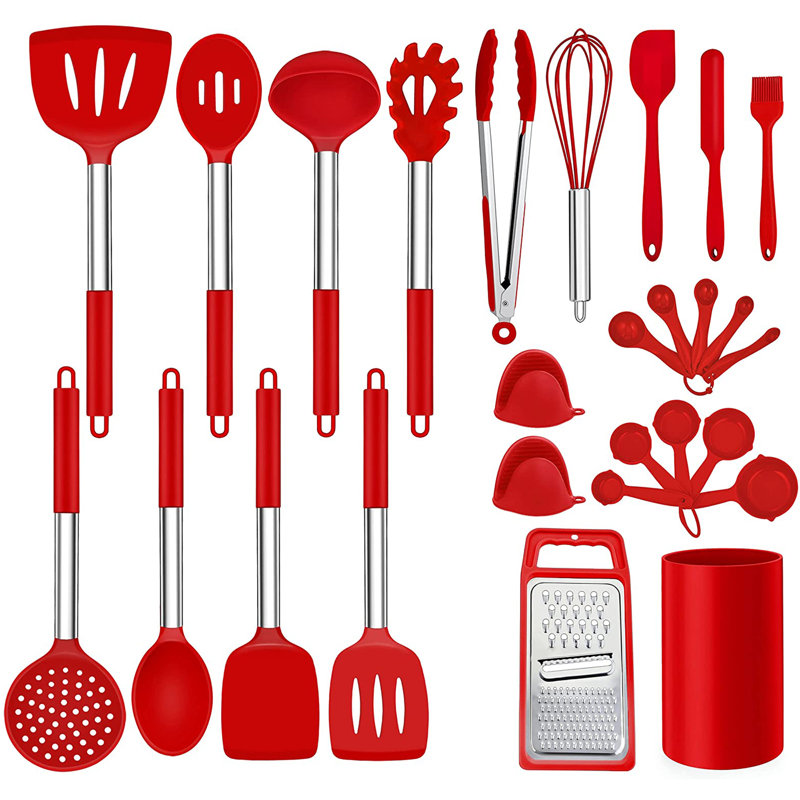 Ensemble de 27 ustensiles de cuisine en silicone, acier inoxydable, résistant à la chaleur antiadhésif, rouge