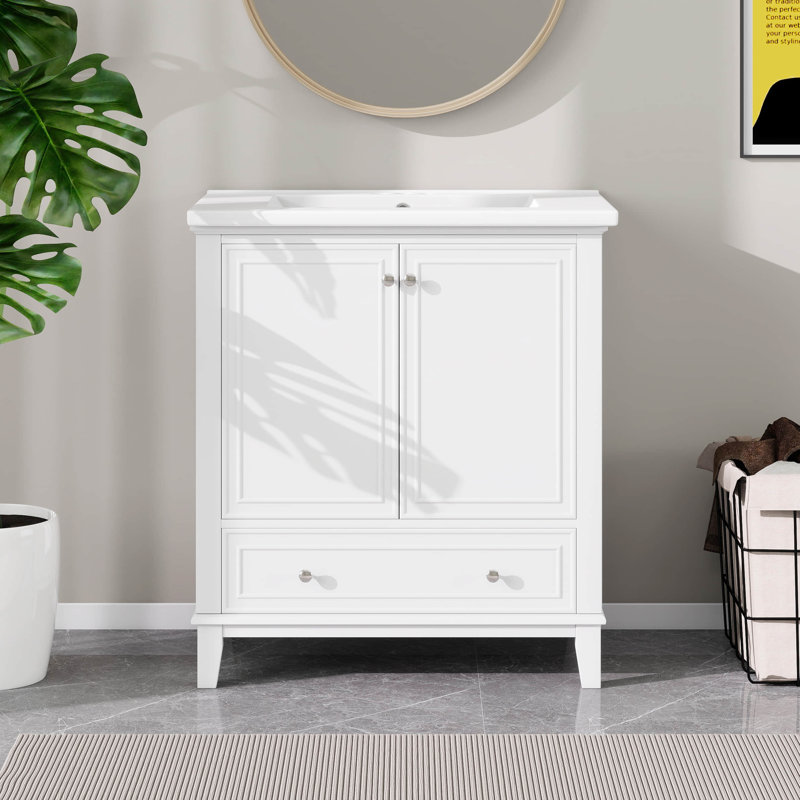 Ensemble de meuble-lavabo 30 po avec lavabo, armoire multifonctionnelle avec portes et tiroir, cadre solide et panneau de fibres à densité moyenne