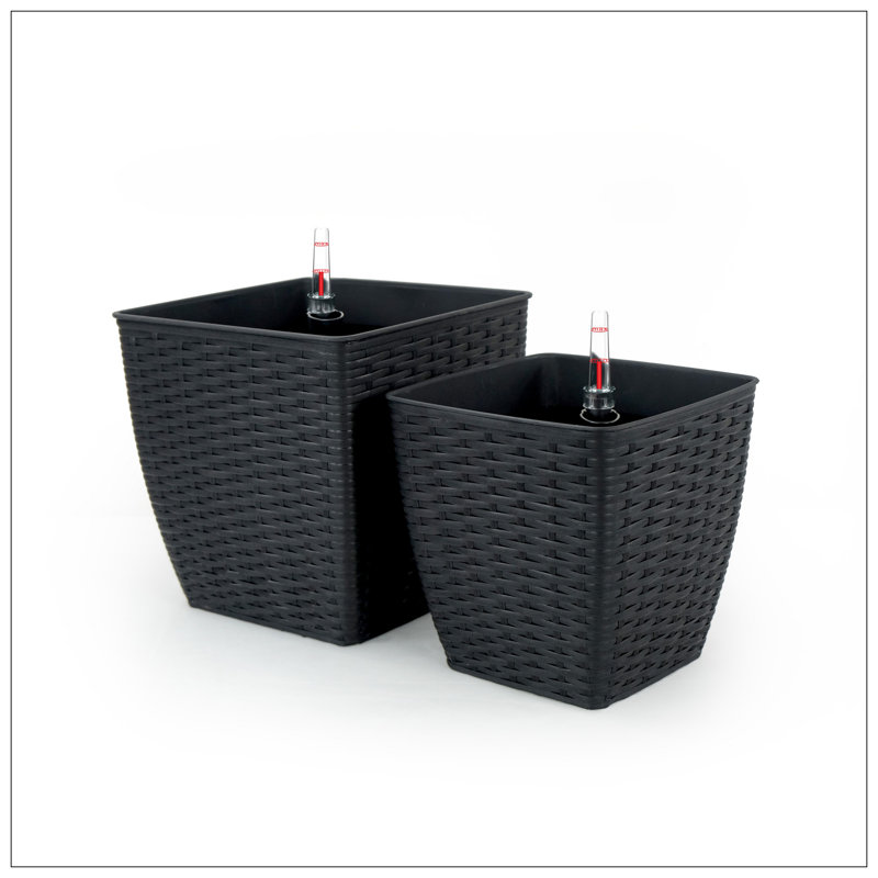 2-Pack Self-Watering Planter - Hand Woven Wicker - Thin Square - Espresso