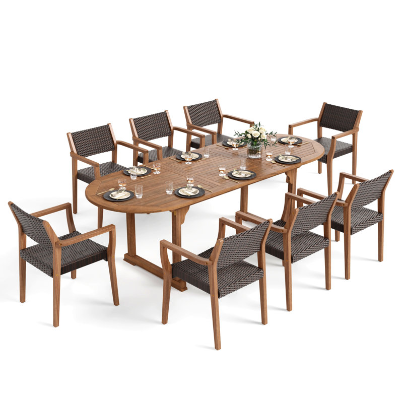 9-Piece Oval Extendable Wood Patio Dining Set With Rattan Armchairs, 8