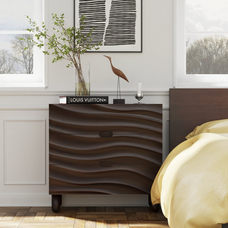 Modern 3 Drawer Wood Dresser With Wave Drawer Fronts In Brown, Brown