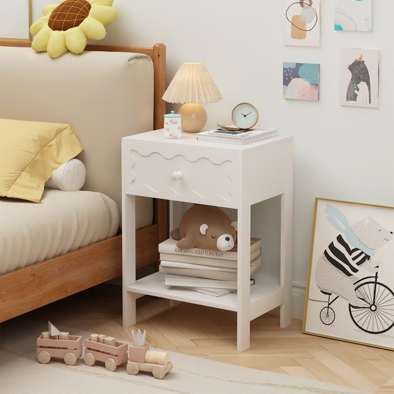 Table de chevet pour enfants avec tiroir en forme de vague, table de chevet blanche moderne, petite table de bout avec tablette de rangement ouverte pour chambre d'enfant