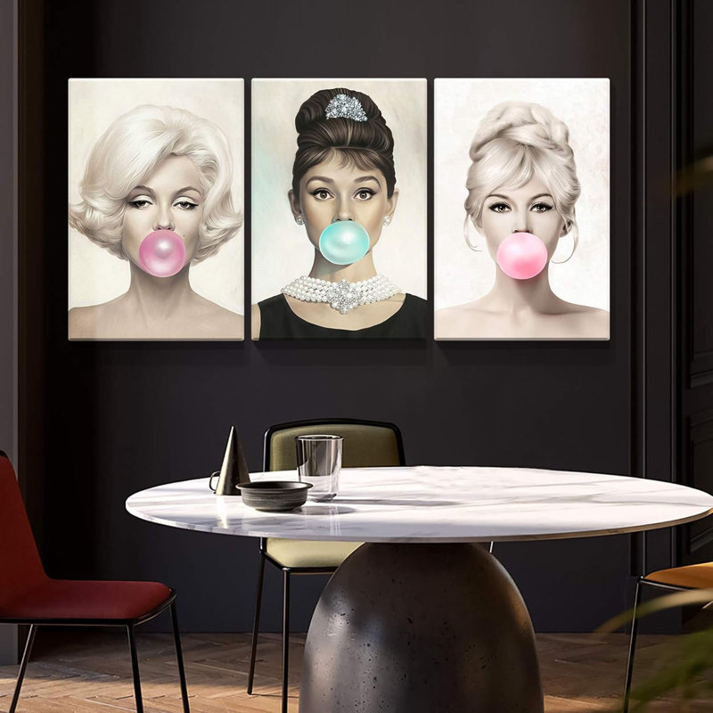 3 panneaux d'art mural sur toile, Marilyn Monroe, Audrey Hepburn et Brigitte Bardot