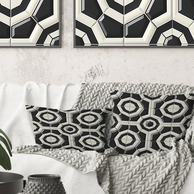 Coussin noir et blanc Midcentury, H 16 po x l 16 po