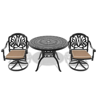 All-Weather Cast Aluminum Dining Set, Include 2 Swivel Chairs And 39.37" Round Table With Black Frame