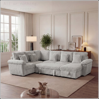Canapé modulaire en velours côtelé de 103 pouces en U très moelleux avec rangement et lit escamotable, table basse d'angle avec porte-gobelet et port USB; convient au salon, canapé modulaire en velours côtelé confortable