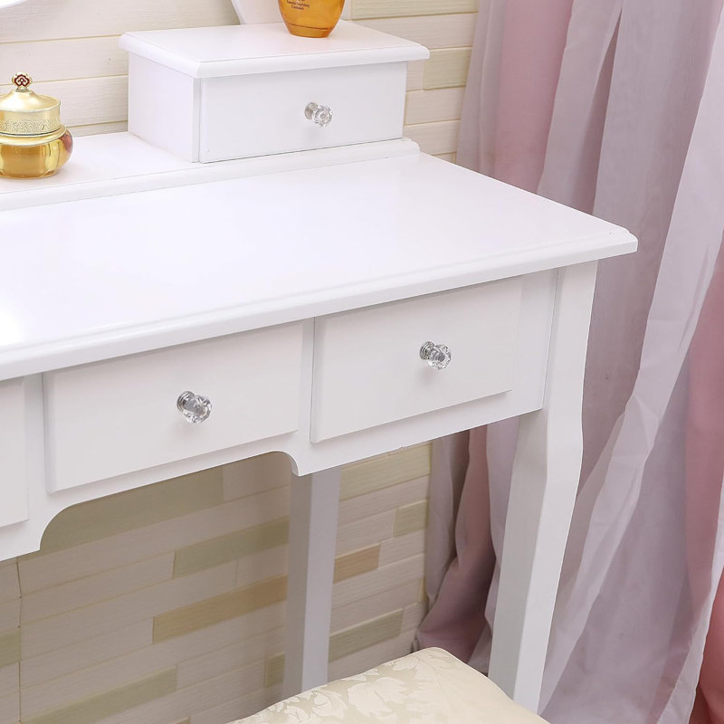 Modern Vanity Table with Mirrors and LED Light,2 in 1 Makeup Vanity Table Set with Chairs,Dressing Table with 5 Storage Drawers,3 Colors Lighting Modes