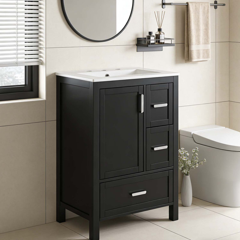 Meuble-lavabo moderne avec lavabo en céramique, grand espace de rangement pour les petits espaces, Noir
