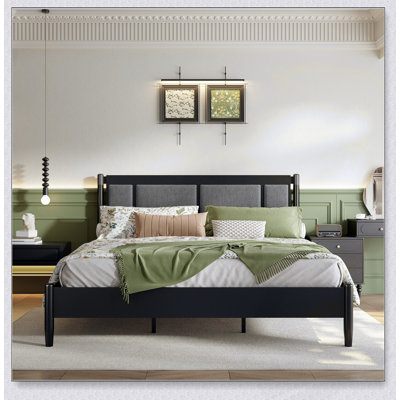 Solid Wood Bed with Heavy Duty 600 lbs Support, No Box Spring Needed, and Upholstered Headboard with Metal Handles