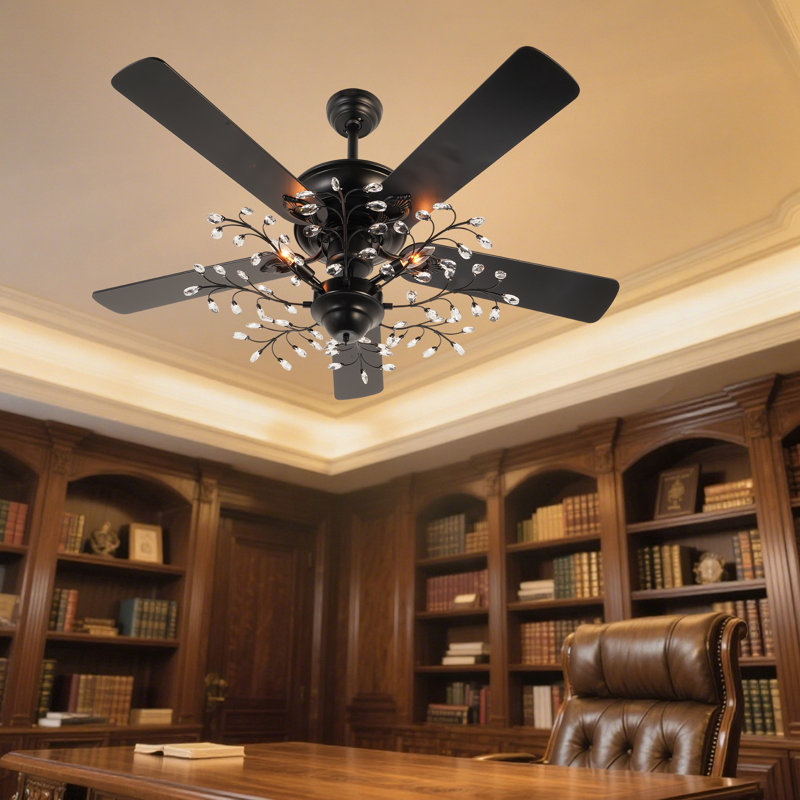 52'' Black Crystal Branch Ceiling Fan With Light And Remote, Reversible Blades