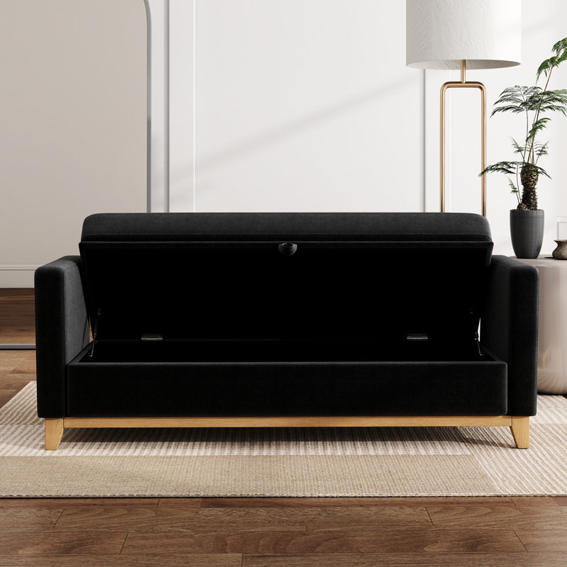 Banc de rangement multifonctionnel noir de 66 pouces avec des pieds en bois massif, 2 coussins décoratifs et un design élégant, pour un couloir exquis