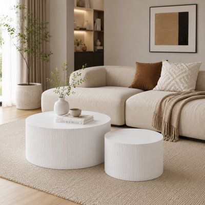 2-Piece Round Nesting Coffee Table Set with Fluted Drum Base