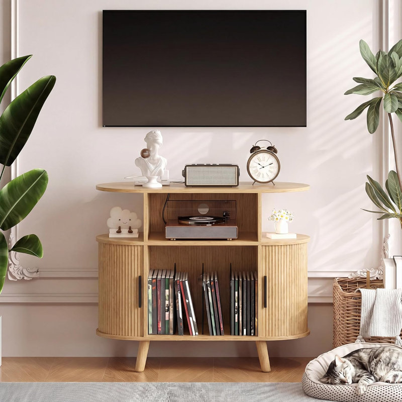 Armoire tourne-disque 35 po Mid Century Modern, Tan