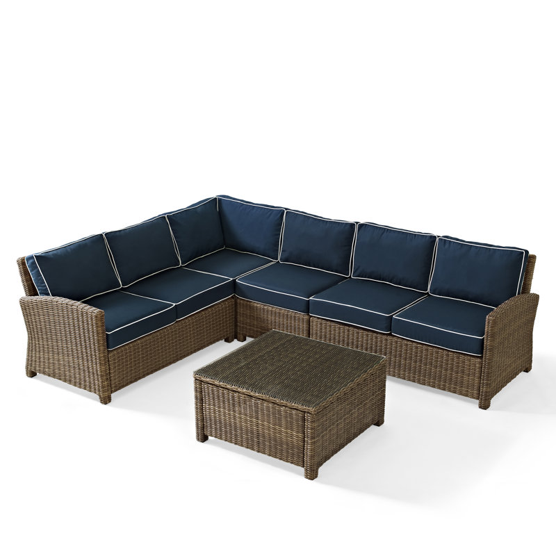 Ensemble de conversation modulaire avec coussins Leandra, Structure brune / coussin bleu marine