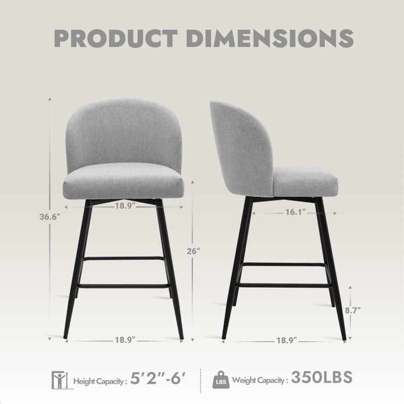 360°Swivel Barstool Counter Height Barstools with Back, Gray/Fabric