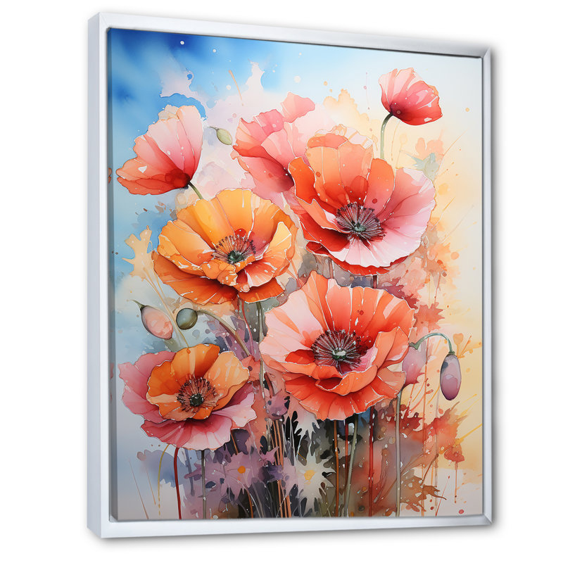 «Meadow Poppies In The», impressions murales florales et botaniques, H 32 po x l 16 po, Cadre flottant blanc