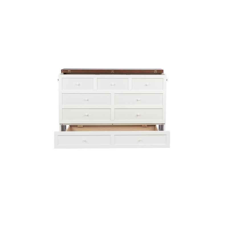 Grand lit escamotable avec tiroir de rangement et station de charge Murphy, port USB, cadre de lit escamotable en pin massif pour bureau personnel, studio ou chambre d'amis, noyer blanc