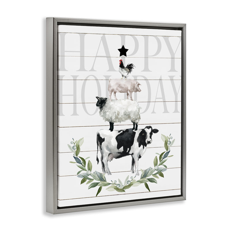 «Happy Holiday Farm Animals», art mural sur toile par Carol Robinson, H 31 po x l 25 po, Cadre flottant gris lustré