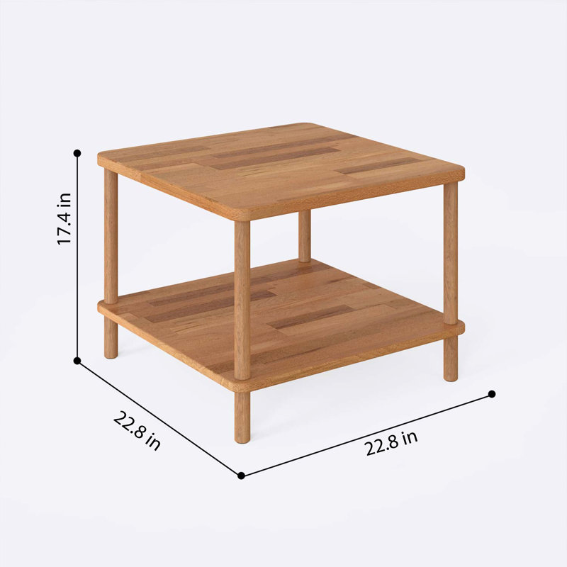 Table basse carrée en bois massif avec tablettes Queens - Design moderne et peu encombrant, H 17,4 po x L 22,8 po x l 22,8 po