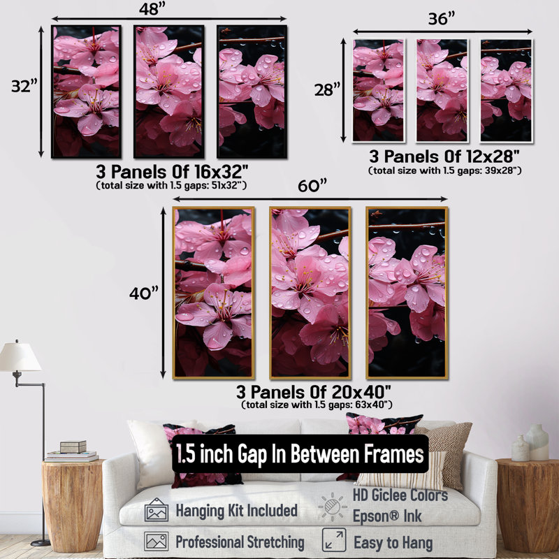 Fleur de cerisier rose, joyau de jardin II - art mural cerisier en fleurs, Cadre flottant noir, H 28 po x l 36 po x P 1 po