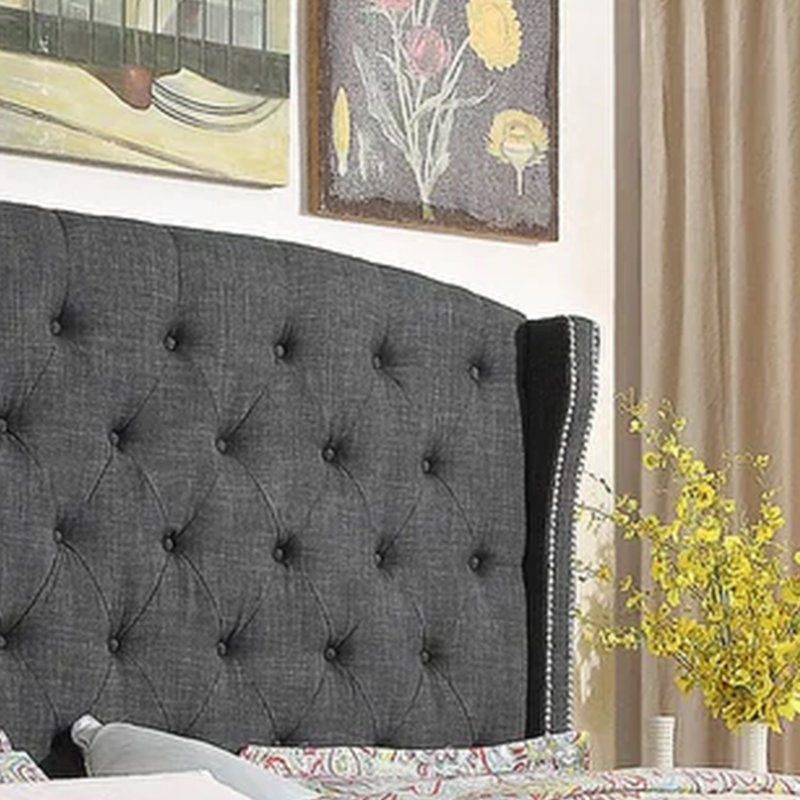 Tête de lit tapissier à oreilles en lin avec garniture cloutée double et capitonnage pour chambre à coucher, Lit double, Noir
