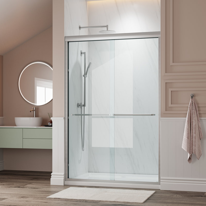 44–48″ W × 72″ H Double Sliding Semi-Frameless Shower Door in Brushed Nickel with Cleancoat Glass, Brushed Nickel