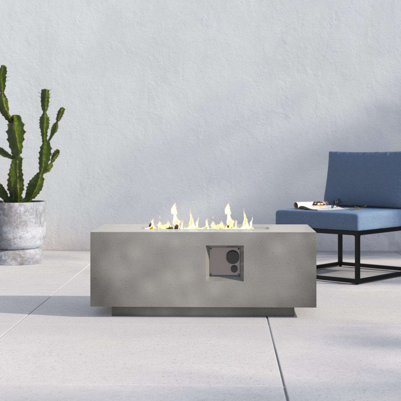 Rashid Rectangle Fire Pit Table, Natural Concrete, 16" H x 42" W x 20" D