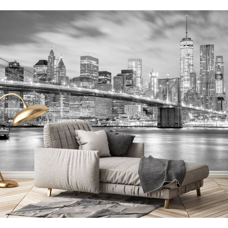 Papier peint amovible Manhattan, gratte-ciel de Manhattan, pont de Brooklyn, noir et blanc, L 75 po x l 112 po