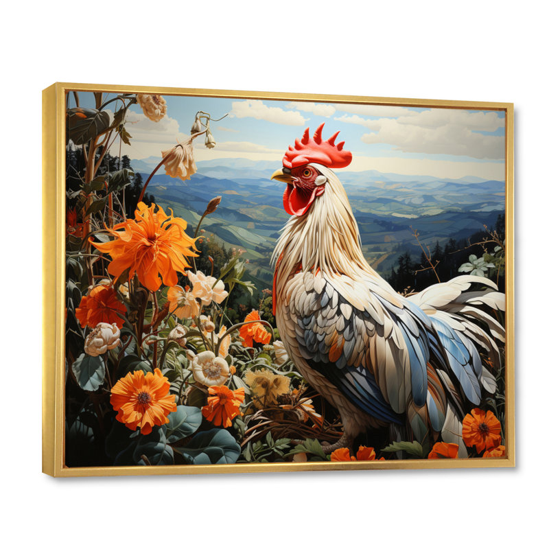 Coq crème avec paysage de fleurs d'oranger, 24" H x 32" W, Cadre flottant doré