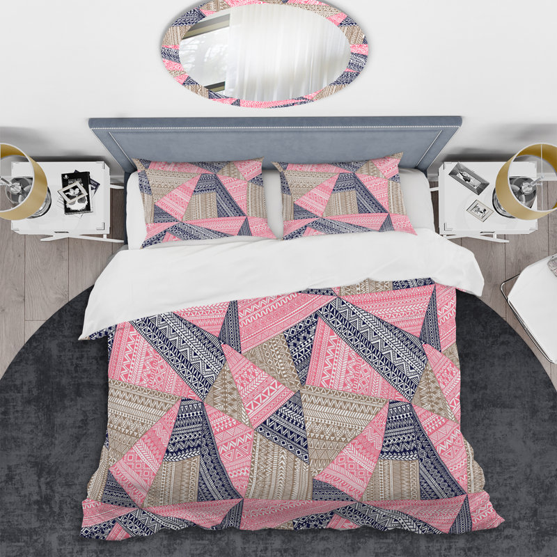 Ensemble de housse de couette à motif rose et bleu Patchwork, Housse de couette pour grand lit et 2 taies décor