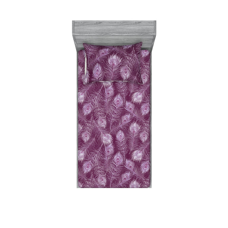 Drap-housse et taie décorative Ambesonne, plumes de paon rosées, magenta et rose tendre