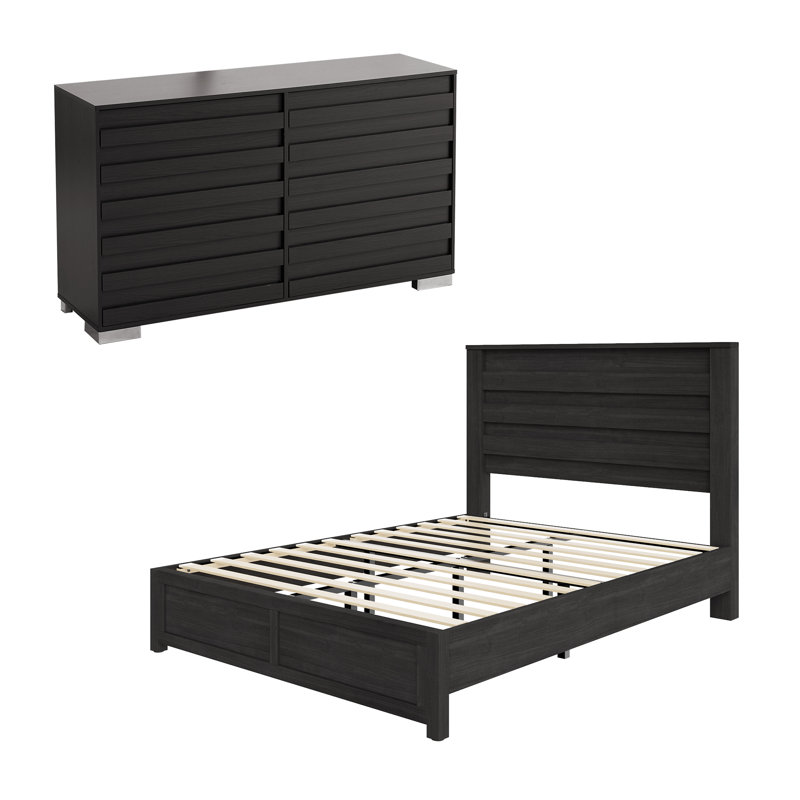  Farmhouse 2 Piece Queen Bedroom Set, Platform Bed And 6 Drawer Dresser, Black, Black, Queen