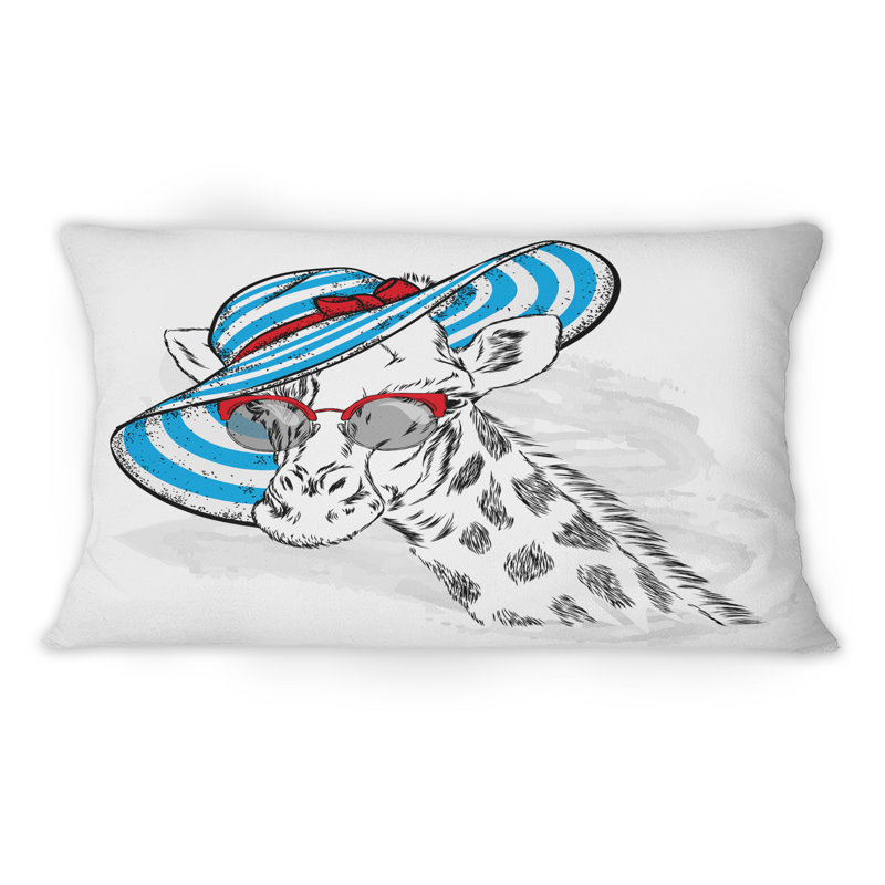 Girafe avec un chapeau bleu et des lunettes de soleil rouges - Coussin décoratif pour enfants