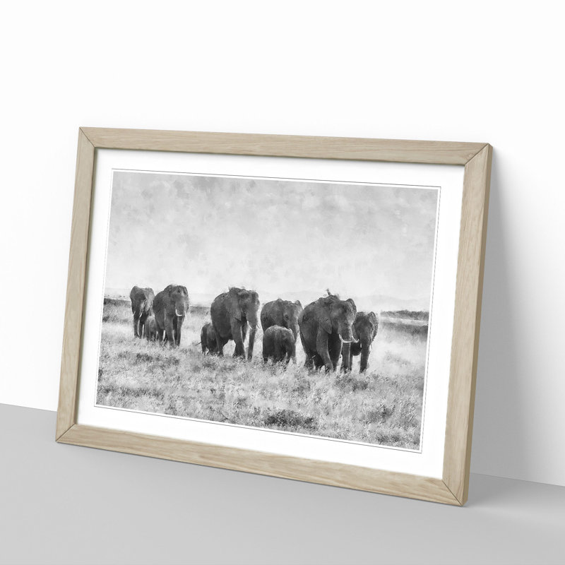 Herd of Elephants Roaming - Framed Print, Oak Framed, 62cm H x 87cm W x 2cm D