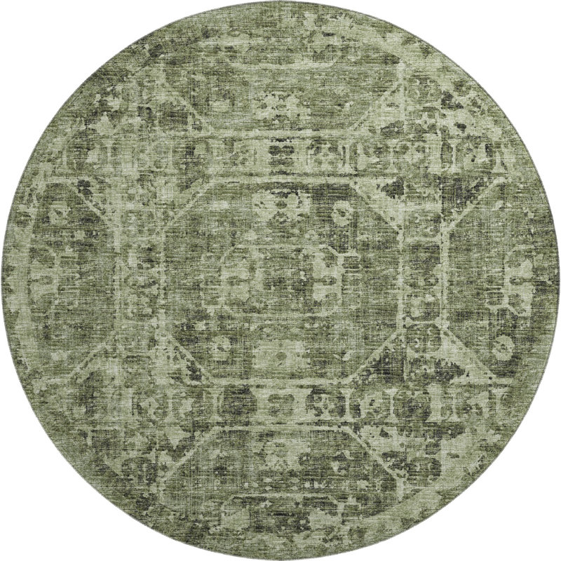 Premium Machine Washable Kelsa AMF41 Olive Rug, Round 8'
