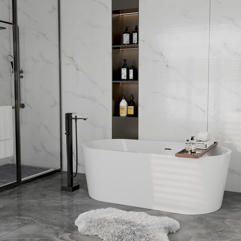 Single Handle Floor Mounted Freestanding Tub Filler with Diverter, Matte Black