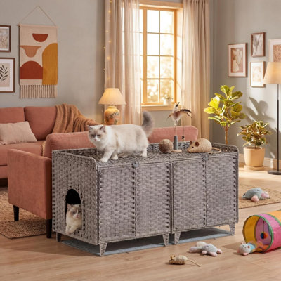 Cat Litter Box Enclosure, Handwoven Rattan Litter Box Furniture for 2 Cats with Double Room and Doors, 2 Hooks & Washable Litters Mat, for Balcony, Bedroom, Living Room-Gray
-