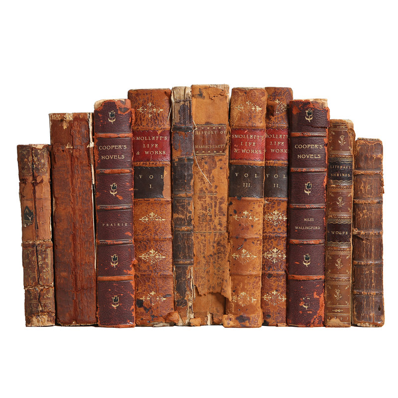 Decorative Books - Vintage Distressed Leather Book Bundle - 1 Foot of Brown Books