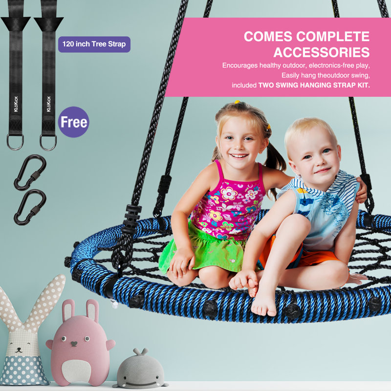 45inch Web/Saucer Swing with 2pcs Tree Hanging Straps, Steel Frame and Adjustable Ropes, Blue