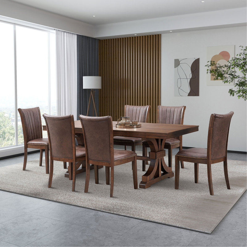 Table de salle à manger 78,74 po en bois d'hévéa rectangulaire pour 6 à 8 personnes avec piédestal en tréteaux