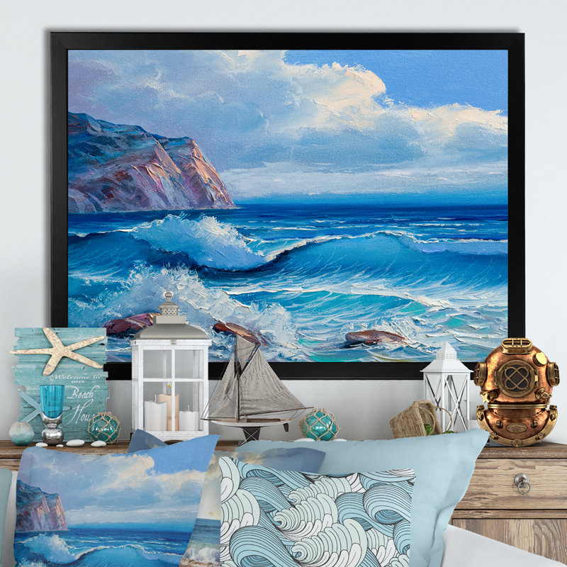«Blue Ocean Waves Scenery IV», peinture sur toile, Cadre noir, H 8 po x l 12 po x P 1 po