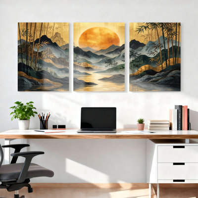 «Bamboo Mountains And Golden Moon Landscape», ensemble de 3 reproductions d'art sur toile tendues